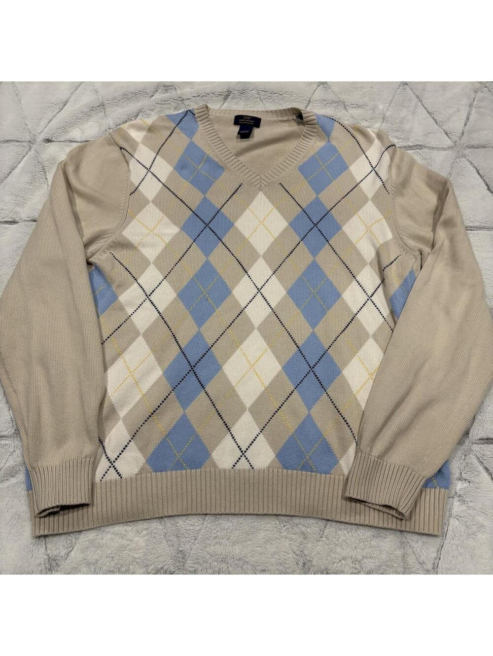 Brooks Brothers Preppy Men's XL Cotton Argyle Sweater Beige Blue Classic Style